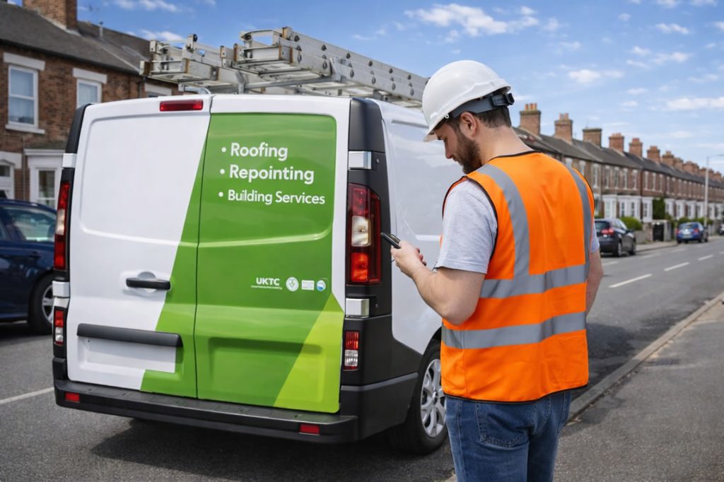 roofer checking roofing leads on his phone next to his work van