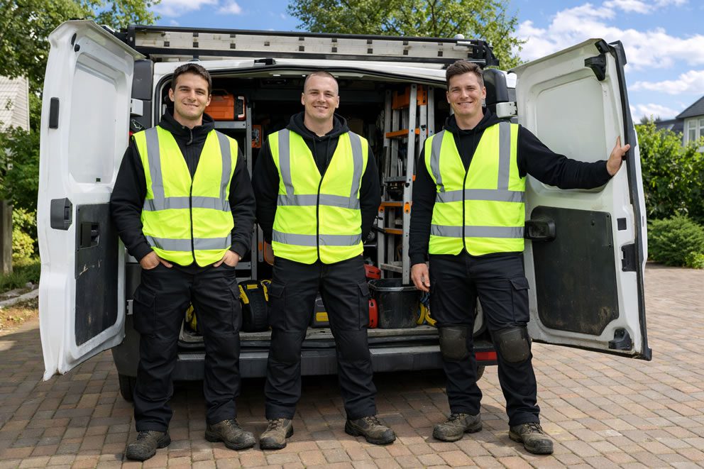 choose the right roofer - roofers next to a van with tools