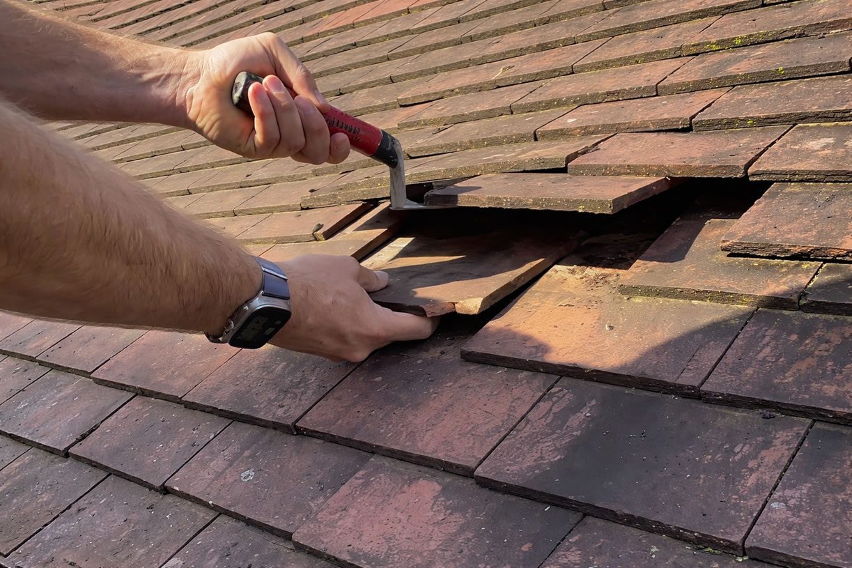 roofer lifting a roof tile and replace