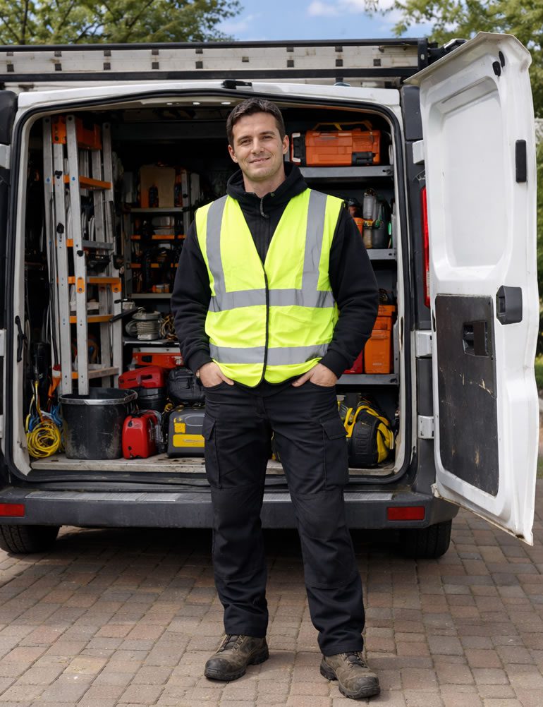roofer with his van and tools
